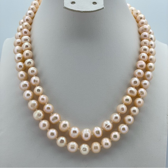 Luxury 7-8mm Peach Pink Freshwater Pearl Knotted Strand Necklace 925 Clasp